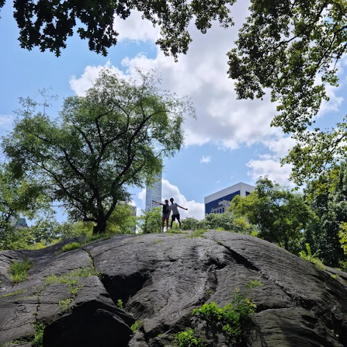 Image of the interior of Central Park in New York, showcasing one of its iconic stone mountains surrounded by trees and greenery.