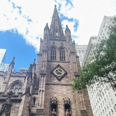 Close-up view of the exterior of Trinity Church, highlighting architectural details