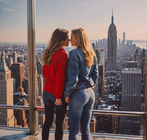 Pareja en el Observation Deck en Top of the Rock, Nueva York