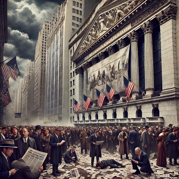 Artistic recreation of the 1929 Wall Street Crash, showing the despair of the crowd in front of the New York Stock Exchange.