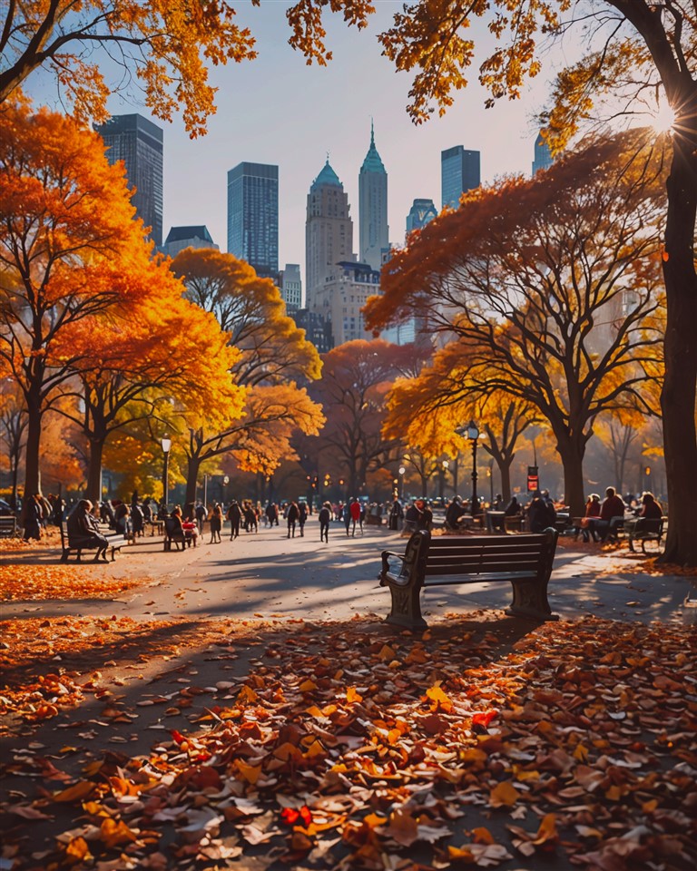 Imagen artística de Central Park en Nueva York durante el día en otoño, con hojas marrones y naranjas en los árboles. Generada por inteligencia artificial.