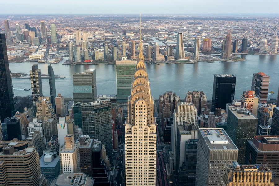 View of the Chrysler Building from the Summit One Vanderbilt observation deck in New York City, showcasing the iconic architecture of the city.