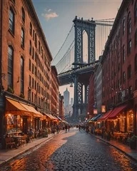 Imagen generada por IA del barrio DUMBO con el Puente de Manhattan al fondo (móvil)