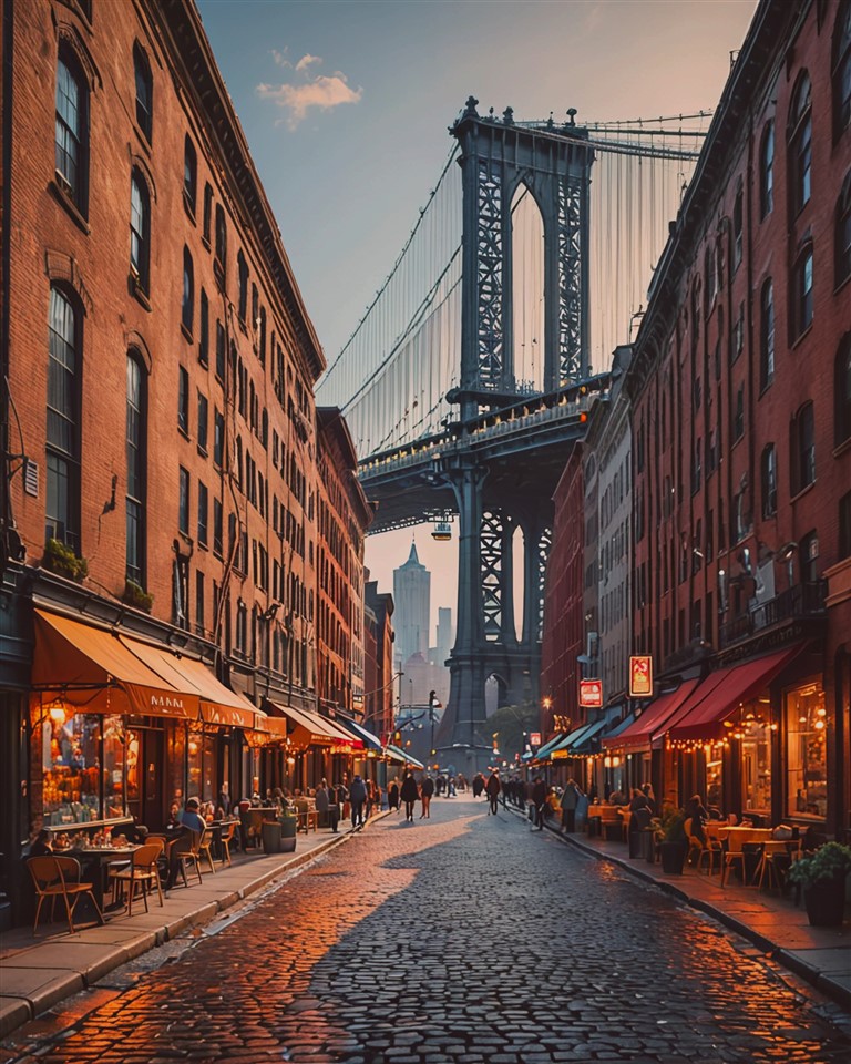 Vista artística y realista del barrio DUMBO en Brooklyn, con el Puente de Brooklyn, el Puente de Manhattan y calles empedradas vibrantes.