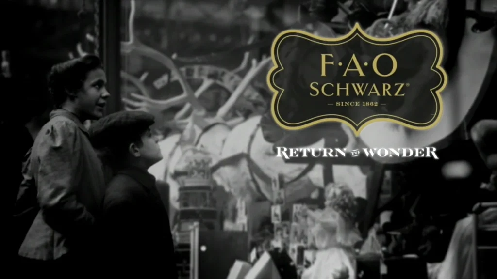 Vintage black and white photograph of FAO Schwarz showcasing its historical charm