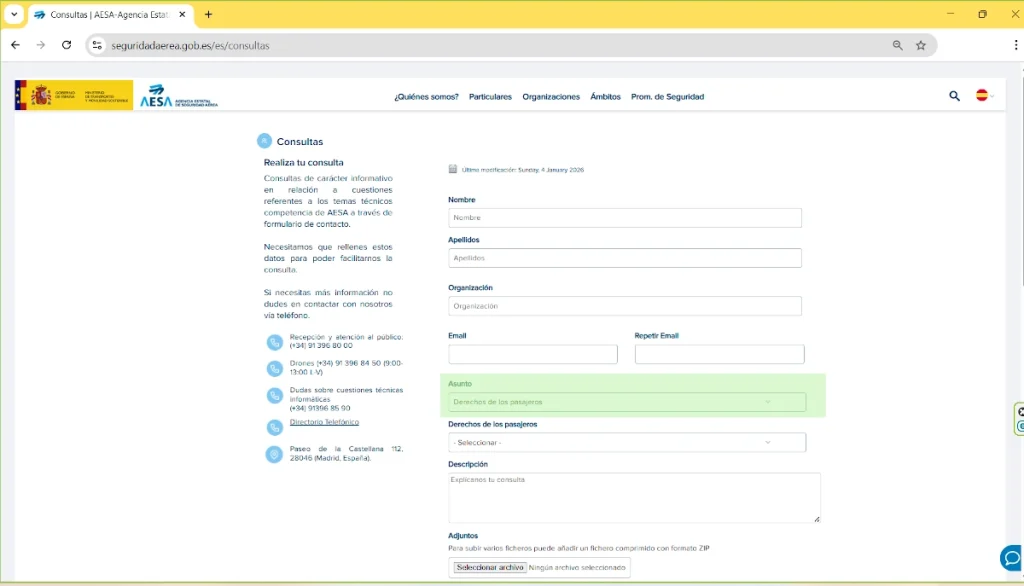 Formulario de consultas de AESA para derechos del pasajero aéreo en España
