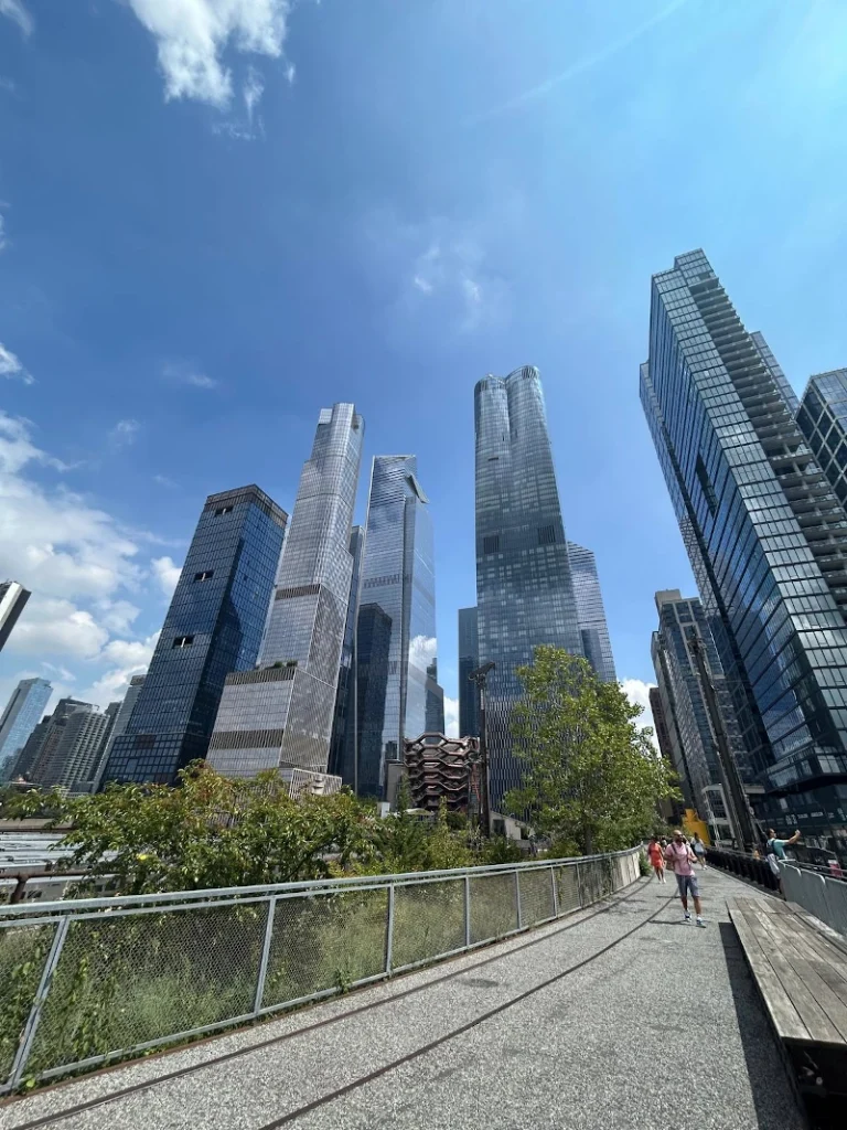 View of the High Line elevated park in New York, surrounded by greenery and urban architecture.