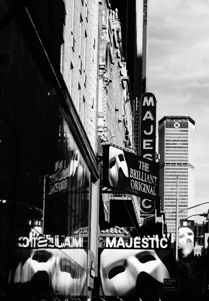 Majestic Theater in black and white, view of the historic facade in New York