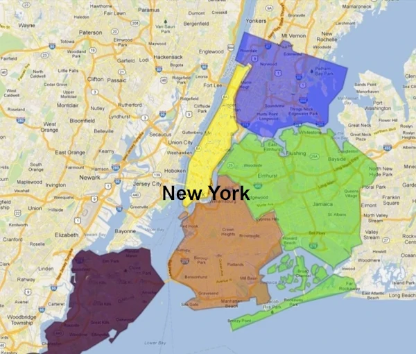 Mapa de los distritos de Nueva York, Manhattan, Brooklyn, Staten Island, Bronx, Queens