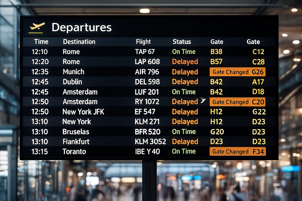 Panel de salidas mostrando varios vuelos retrasados y cambios de puerta en un aeropuerto internacional