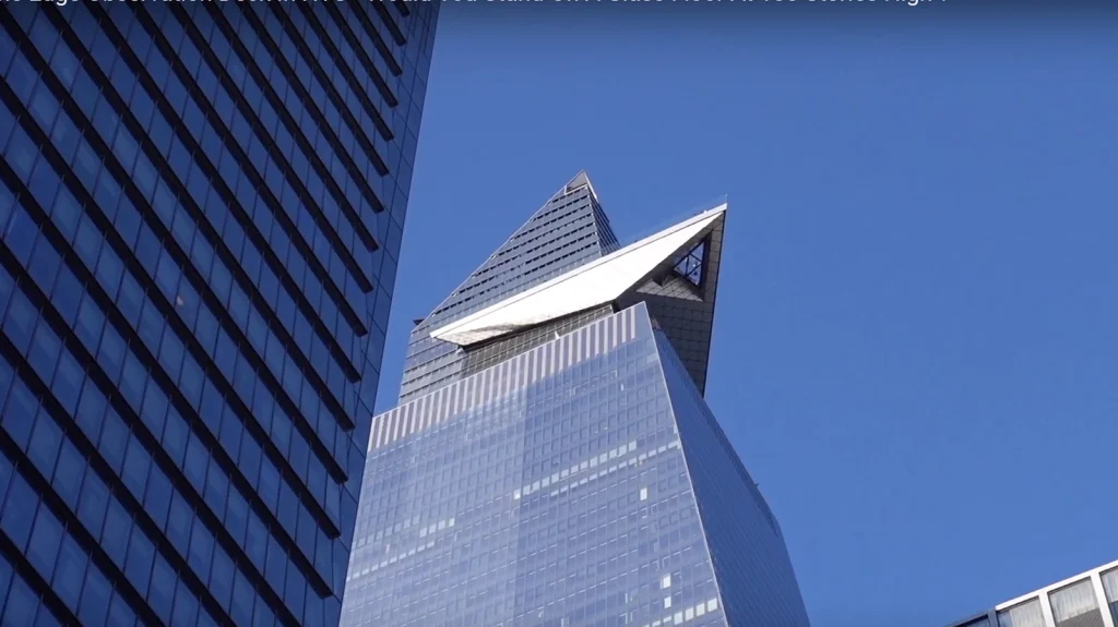 The Edge observation deck captured from below, highlighting its cantilevered design and dramatic architectural details