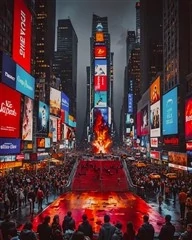 Vista nocturna de Times Square con sus icónicas pantallas iluminadas, versión móvil.