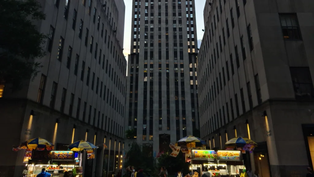 View of the bottom of the Comcast Building at Rockefeller Center, home to Top of the Rock