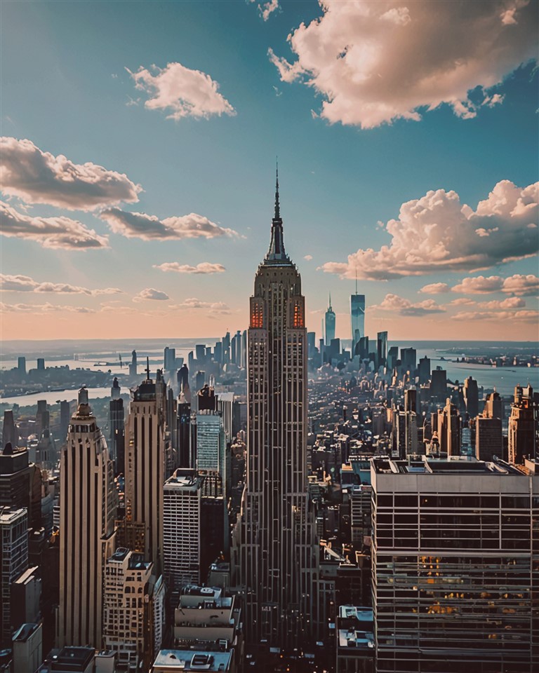 Imagen generada por IA de Top of the Rock en Nueva York, vista exterior en un día despejado con cielo azul y nubes esponjosas.
