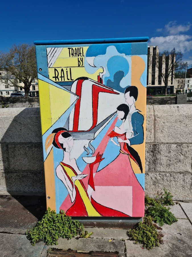Street art on a utility box in Dublin near to Frank Sherwin Bridge