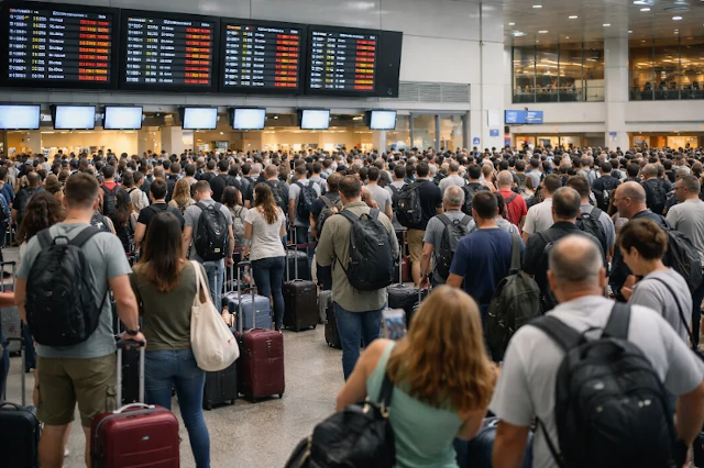 Multitud de viajeros con maletas frente a mostradores de facturación y pantallas que muestran vuelos cancelados y retrasados. Imagen generada por inteligencia artificial.