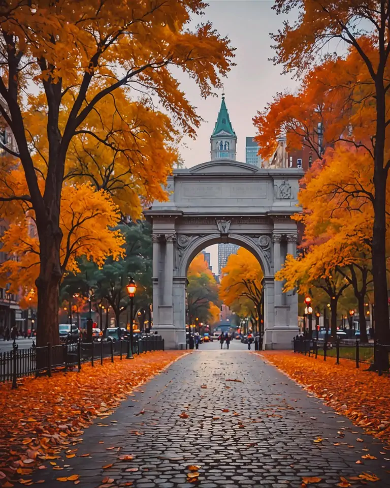 Vista artística y realista de Washington Square Park con el icónico arco, árboles con follaje otoñal y personas disfrutando del parque en Nueva York.